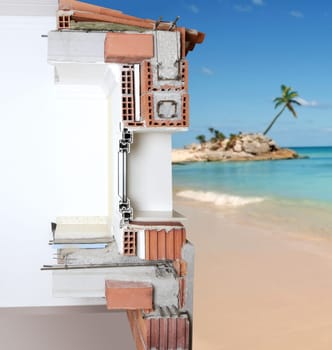 facade wall cross section of brick blocks window structure roof and floor slab in tropical beach