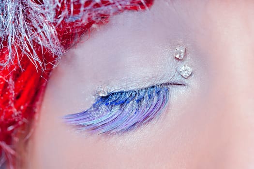 christmas concept eye makeup winter red silver macro feather closeup