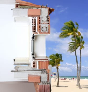 facade wall cross section of brick blocks window structure roof and floor slab in tropical beach