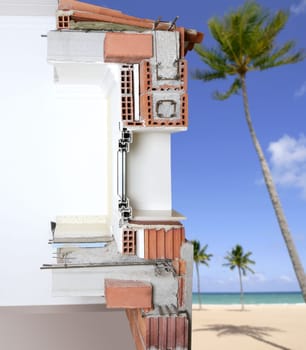 facade wall cross section of brick blocks window structure roof and floor slab in tropical beach
