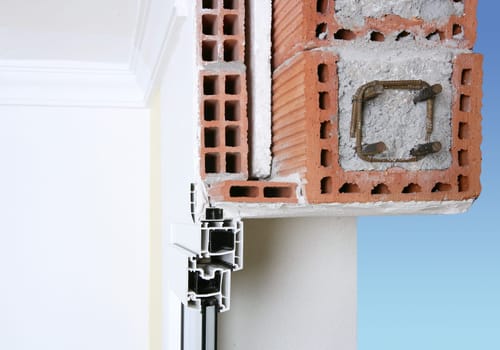 facade wall cross section of pvc window isolated glass