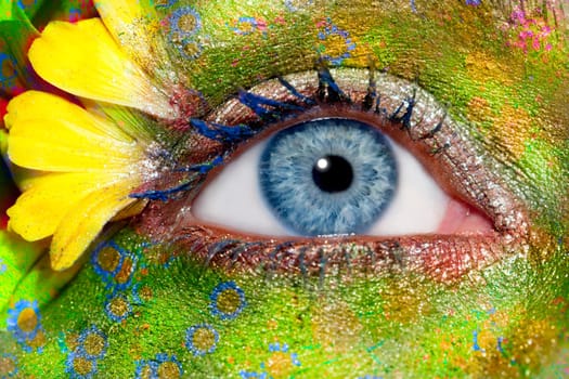 blue woman eye makeup spring flowers metaphor colorful fantasy meadow