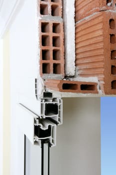 facade wall cross section of pvc window isolated glass