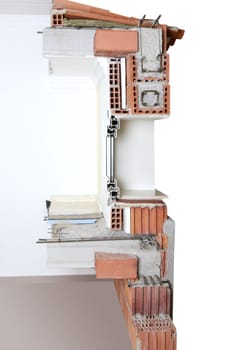facade wall cross section of brick blocks window structure roof and floor slab