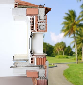 facade wall cross section of brick blocks window structure roof and floor slab in golf course