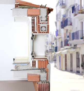 facade wall cross section of brick blocks window structure roof and floor slab