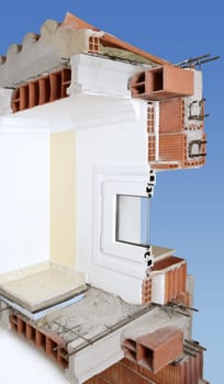 facade wall cross section of brick blocks window structure roof and floor slab
