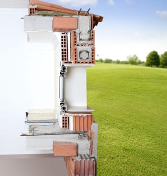 facade wall cross section of brick blocks window structure roof and floor slab in golf course