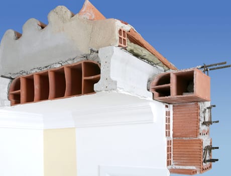 facade wall cross section of brick blocks structure roof reinforced concrete beams