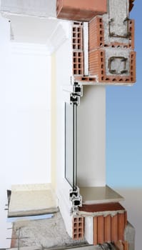 facade wall cross section of brick blocks window structure roof and floor slab