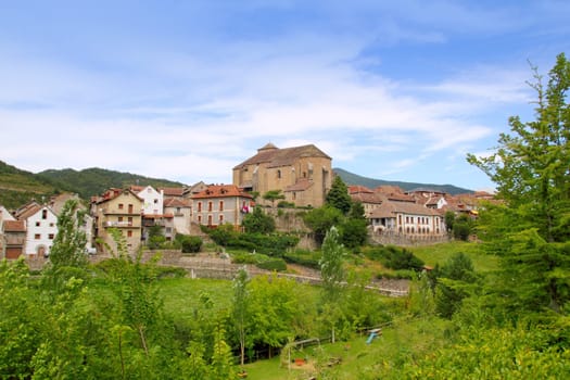 Hecho village Pyrenees with Romanesque church cathedral in Aragon Spain