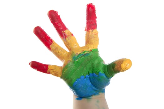 colorful paint children hand painted over white background