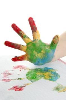 colorful paint children hand painted over white background