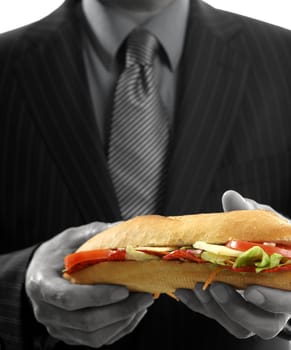 businessman eating junk fast food, studio white background