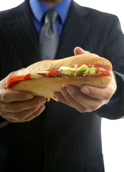 businessman eating junk fast food, studio white background