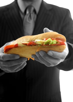 businessman eating junk fast food, studio white background