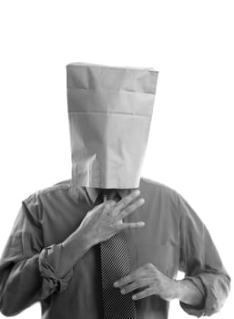 Businessman with paper bag in head