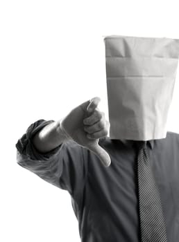 Businessman with paper bag in head