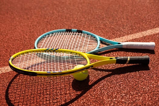 tennis racket and balls on the tennis court. High quality photo