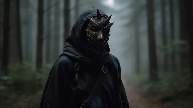 A mysterious woman, donning a wild creature mask, roams the mystical, misty forest.