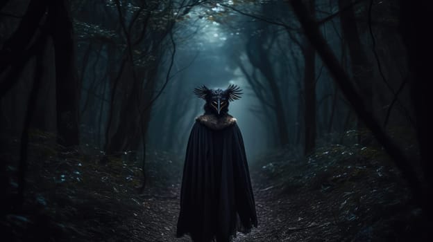 A mysterious woman, donning a wild creature mask, roams the mystical, misty forest.