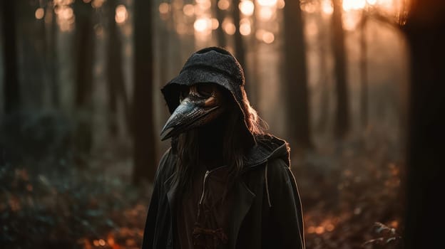 A mysterious woman, donning a wild creature mask, roams the mystical, misty forest.