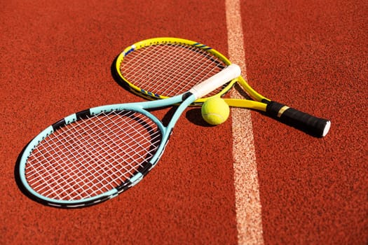 Close up view of tennis racket and balls on the clay tennis court. High quality photo