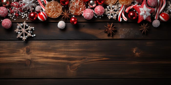 Wooden table decorate with Christmas theme. Generative AI.