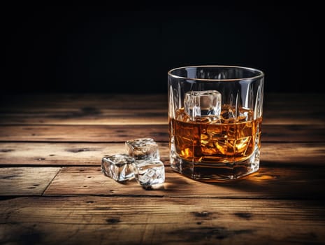 Whiskey and ice on a wooden table, an alcohol concept