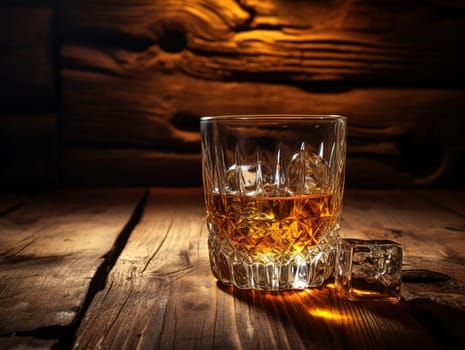 Whiskey and ice on a wooden table, an alcohol concept