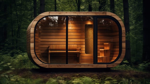 Modern wooden sauna in the forest, a small room used as hot air or steam bath for cleaning and refreshing the body, healthcare concept