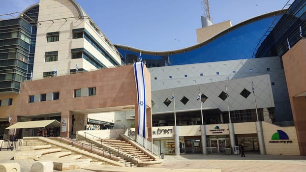 October 23, 2023 Beer Sheva Negev Israel, Ministry of Interior, Israeli flag modern office building, urban architecture. High quality photo