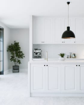 White kitchen with island, blurred houseplant and kitchen utensils in the background. 3d rendering.