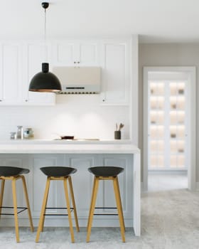 Kitchen Design. White kitchen with island and bar stools, in the background there is a cabinet with lighting and a kitchen hood. 3D rendering.