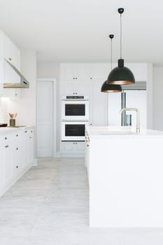 View of the kitchen island in a white kitchen. Dark lights over the island. Kitchen appliances in the background. Kitchen sink in island. 3D rendering.