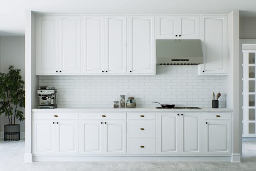 White kitchen with classic cabinets, marble countertops and appliances. Spacious kitchen design. 3D rendering.