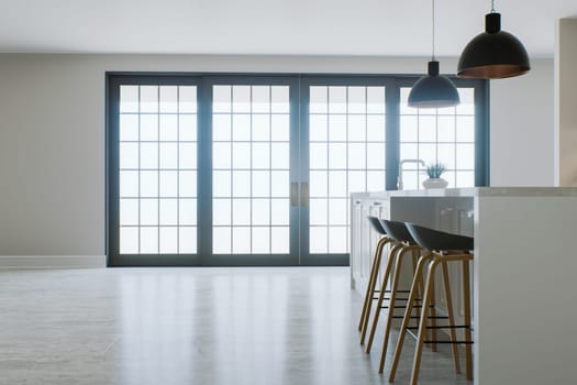 Semi-empty white kitchen interior with a large window and an accent on the marble floor. Kitchen with island and large black window. 3D rendering.