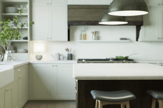 Blurred kitchen background with kitchen appliances and utensils with emphasis on the countertop for product presentation. Kitchen interior with bokeh. 3D rendering