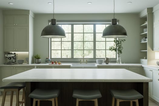 Kitchen with a large island, bar stools, metal lamps - in a traditional style. Kitchen interior with a large window and kitchen utensils. 3D rendering