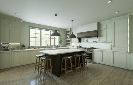 Beautiful bright kitchen in a new luxury house in a traditional style. Features a wood island, white stone countertops, cabinets and wood floors. 3D rendering