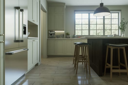 Kitchen with a large island, bar stools, metal lamps - in a traditional style. Kitchen interior with a large window and kitchen utensils. 3D rendering