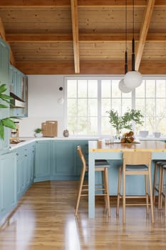 Large U-shaped green kitchen with island and wooden countertop. Kitchen interior with high ceiling and wood in the interior. 3d rendering.