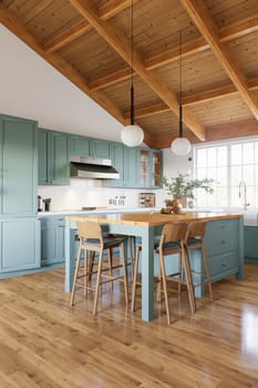 Large U-shaped green kitchen with island and wooden countertop. Kitchen interior with high ceiling and wood in the interior. 3d rendering.