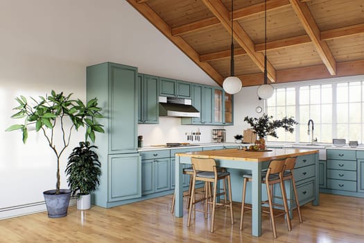 Large green U-shaped kitchen with island and wooden countertop. An image of a kitchen with a black outline. 3D rendering.