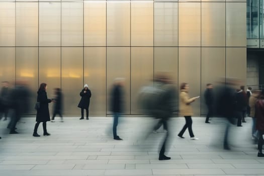 Blurred crowd people walking in modern city by Generative AI.