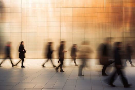 Blurred crowd people walking in modern city by Generative AI.