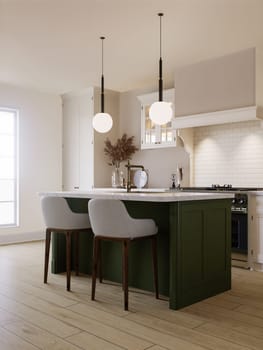 Bright kitchen in warm colors with a green island. Kitchen interior with household appliances and utensils. 3D rendering