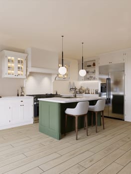 Bright kitchen in warm colors with a green island. Kitchen interior with household appliances and utensils. 3D rendering