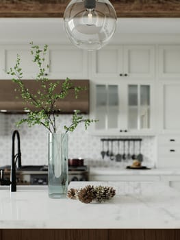 Traditional large L-shaped kitchen with large island and kitchen appliances. Kitchen interior with white cabinets and wooden island. 3D rendering