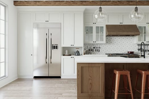 Traditional large L-shaped kitchen with large island and kitchen appliances. Emphasis on a large metal refrigerator in the interior. 3D rendering